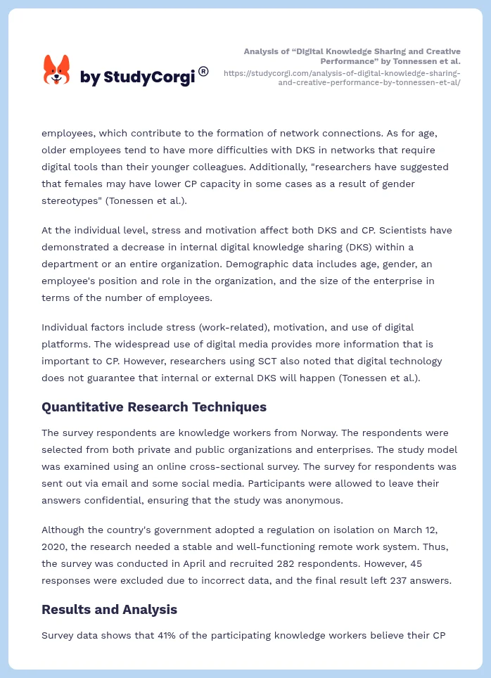 Analysis of “Digital Knowledge Sharing and Creative Performance” by Tonnessen et al.. Page 2