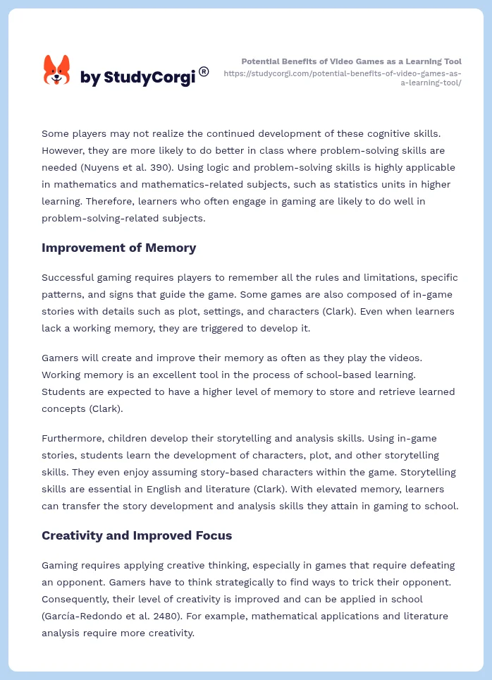 Potential Benefits of Video Games as a Learning Tool. Page 2