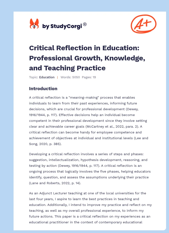 Critical Reflection in Education: Professional Growth, Knowledge, and Teaching Practice. Page 1
