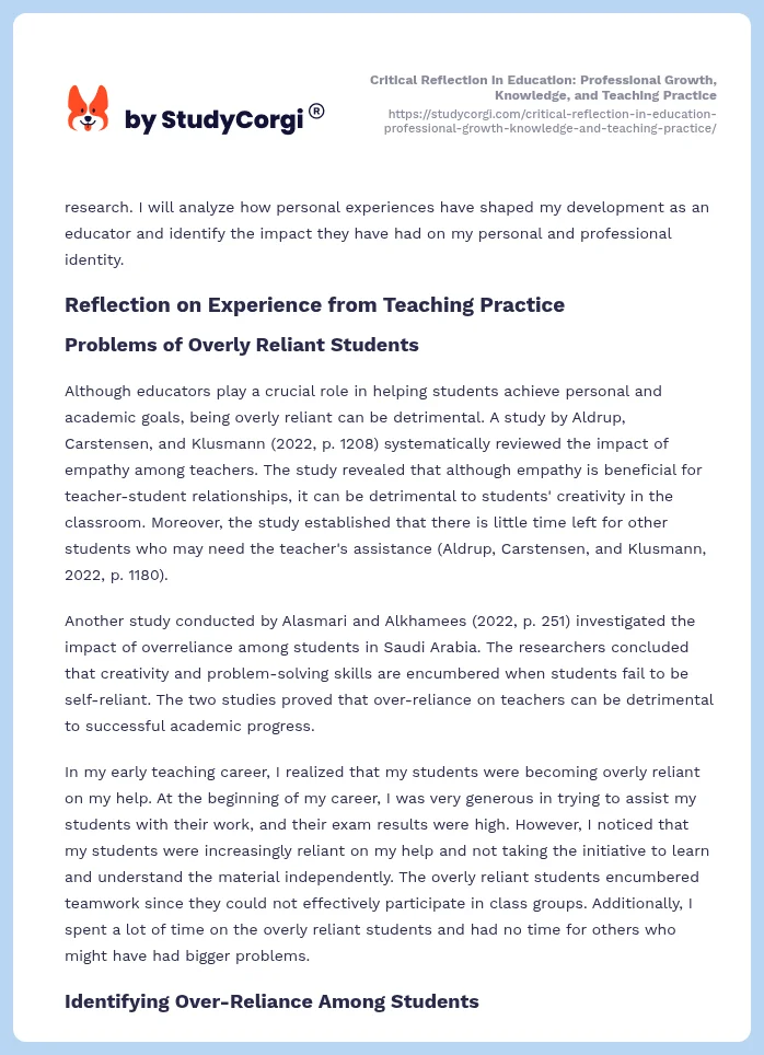 Critical Reflection in Education: Professional Growth, Knowledge, and Teaching Practice. Page 2