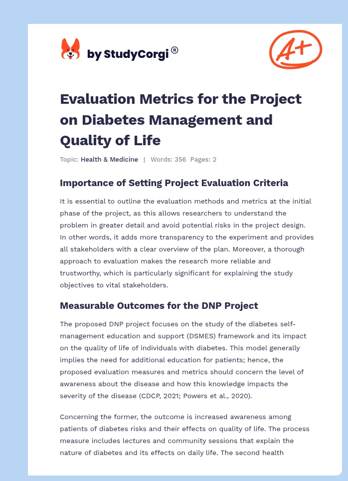 Evaluation Metrics for the Project on Diabetes Management and Quality of Life. Page 1