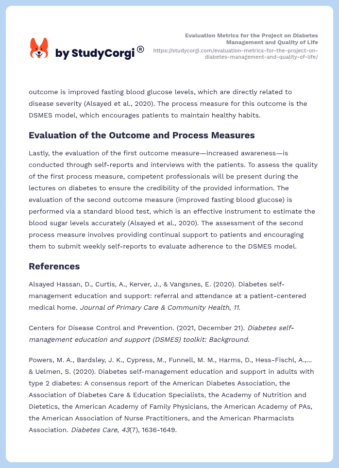 Evaluation Metrics for the Project on Diabetes Management and Quality of Life. Page 2