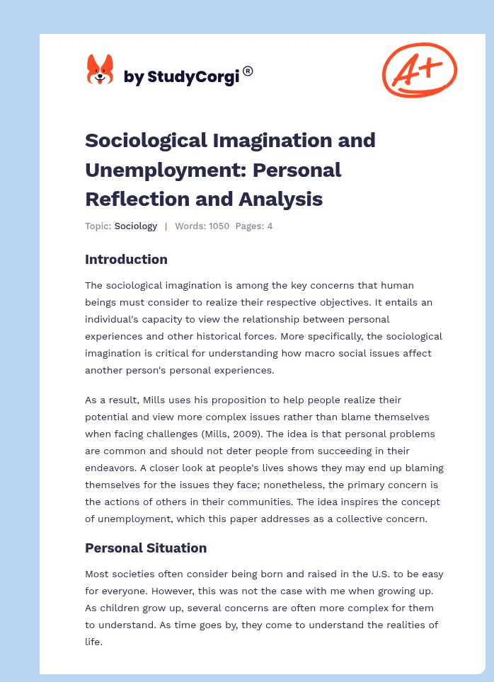 Sociological Imagination and Unemployment: Personal Reflection and Analysis. Page 1