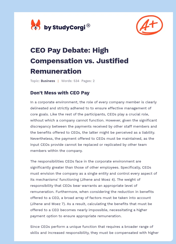 CEO Pay Debate: High Compensation vs. Justified Remuneration. Page 1