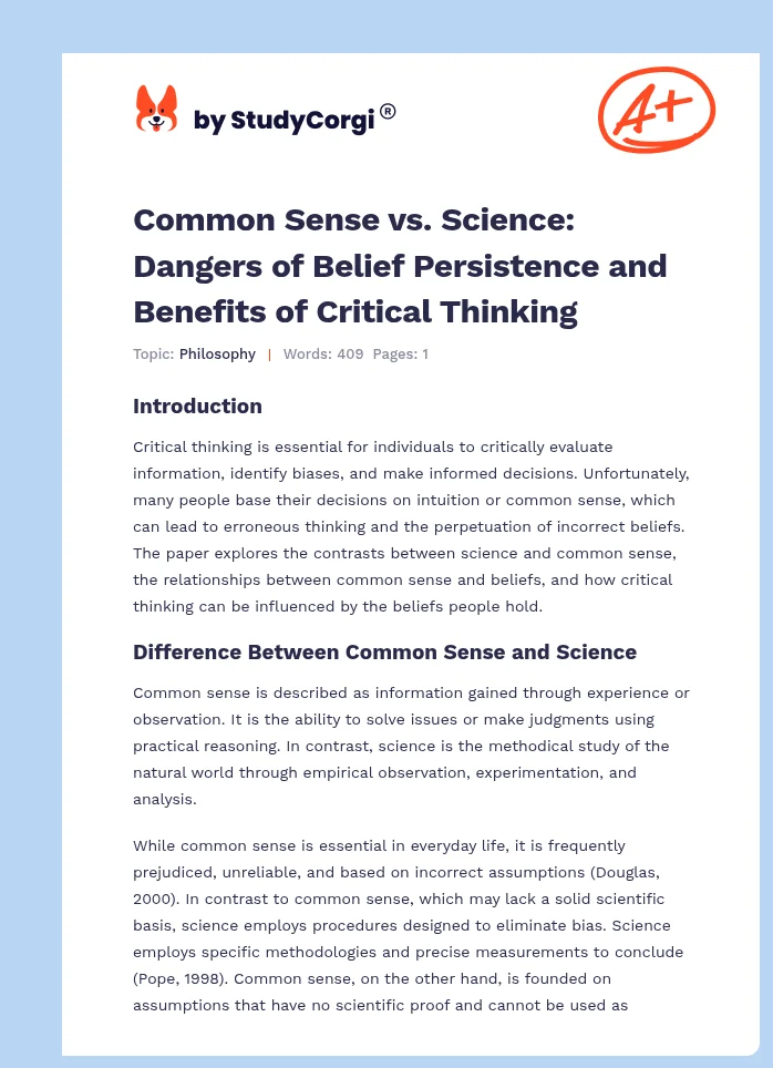 Common Sense vs. Science: Dangers of Belief Persistence and Benefits of Critical Thinking. Page 1