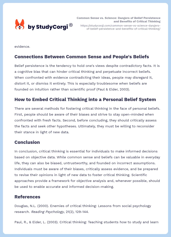 Common Sense vs. Science: Dangers of Belief Persistence and Benefits of Critical Thinking. Page 2