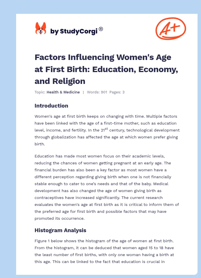 Factors Influencing Women's Age at First Birth: Education, Economy, and Religion. Page 1