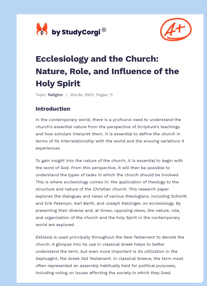 Ecclesiology and the Church: Nature, Role, and Influence of the Holy Spirit. Page 1