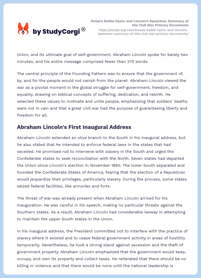 Howe’s Battle Hymn and Lincoln’s Speeches: Summary of the Civil War Primary Documents. Page 2