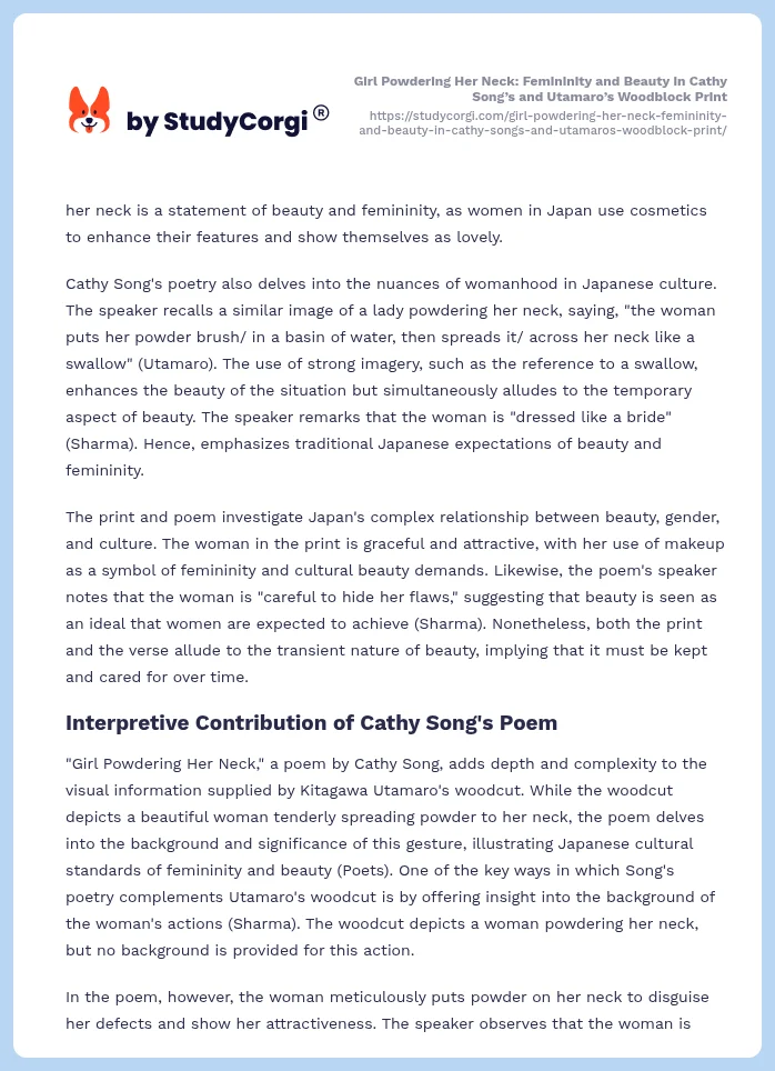 Girl Powdering Her Neck: Femininity and Beauty in Cathy Song’s and Utamaro’s Woodblock Print. Page 2