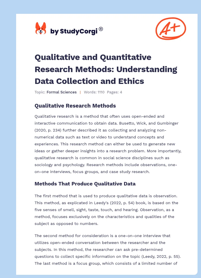 Qualitative and Quantitative Research Methods: Understanding Data Collection and Ethics. Page 1