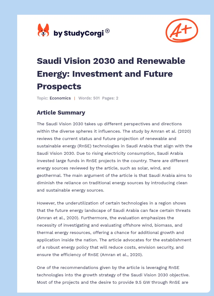 Saudi Vision 2030 and Renewable Energy: Investment and Future Prospects. Page 1