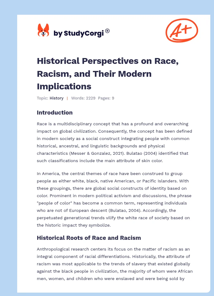 Historical Perspectives on Race, Racism, and Their Modern Implications. Page 1