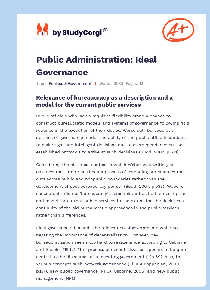 Public Administration: Ideal Governance. Page 1