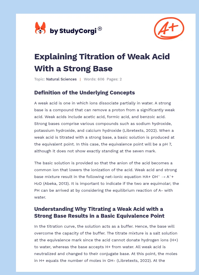 Explaining Titration of Weak Acid With a Strong Base. Page 1