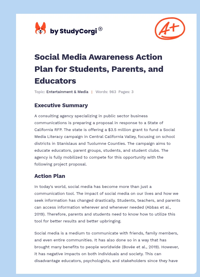 Social Media Awareness Action Plan for Students, Parents, and Educators. Page 1