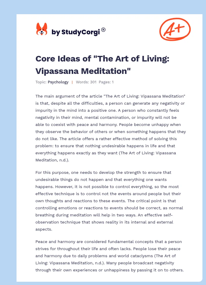 Core Ideas of "The Art of Living: Vipassana Meditation". Page 1