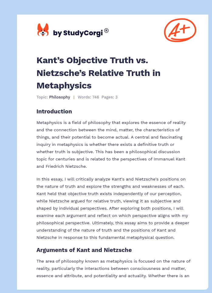 Kant’s Objective Truth vs. Nietzsche’s Relative Truth in Metaphysics. Page 1
