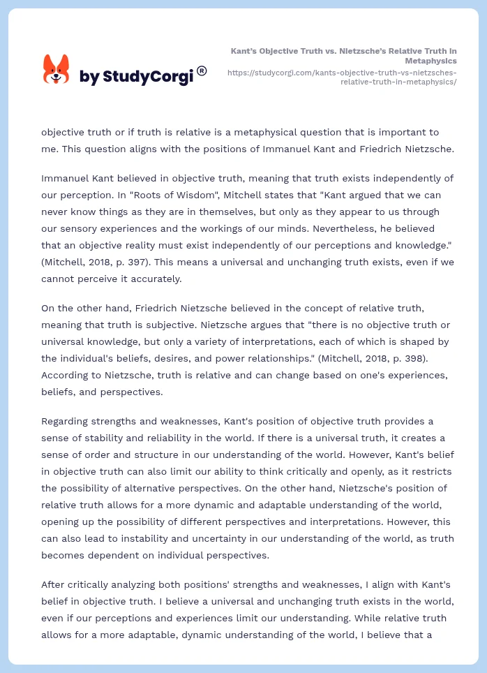 Kant’s Objective Truth vs. Nietzsche’s Relative Truth in Metaphysics. Page 2
