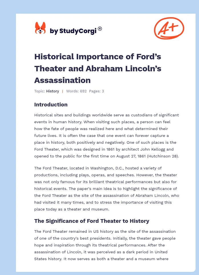 Historical Importance of Ford’s Theater and Abraham Lincoln’s Assassination. Page 1