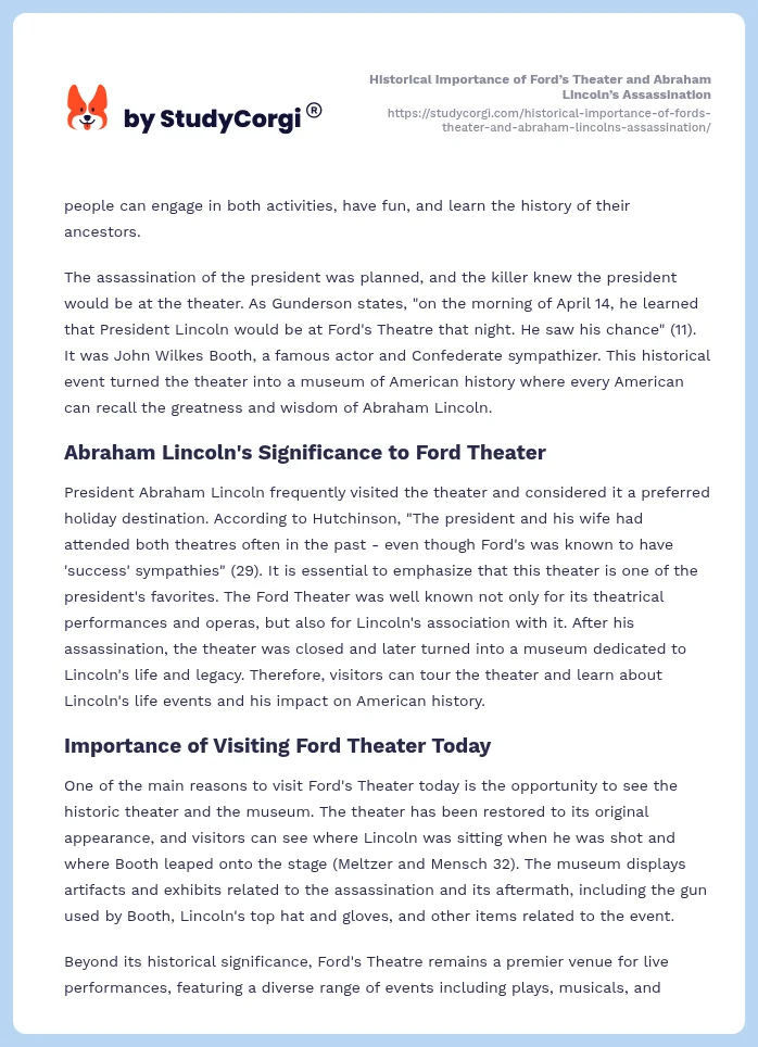Historical Importance of Ford’s Theater and Abraham Lincoln’s Assassination. Page 2
