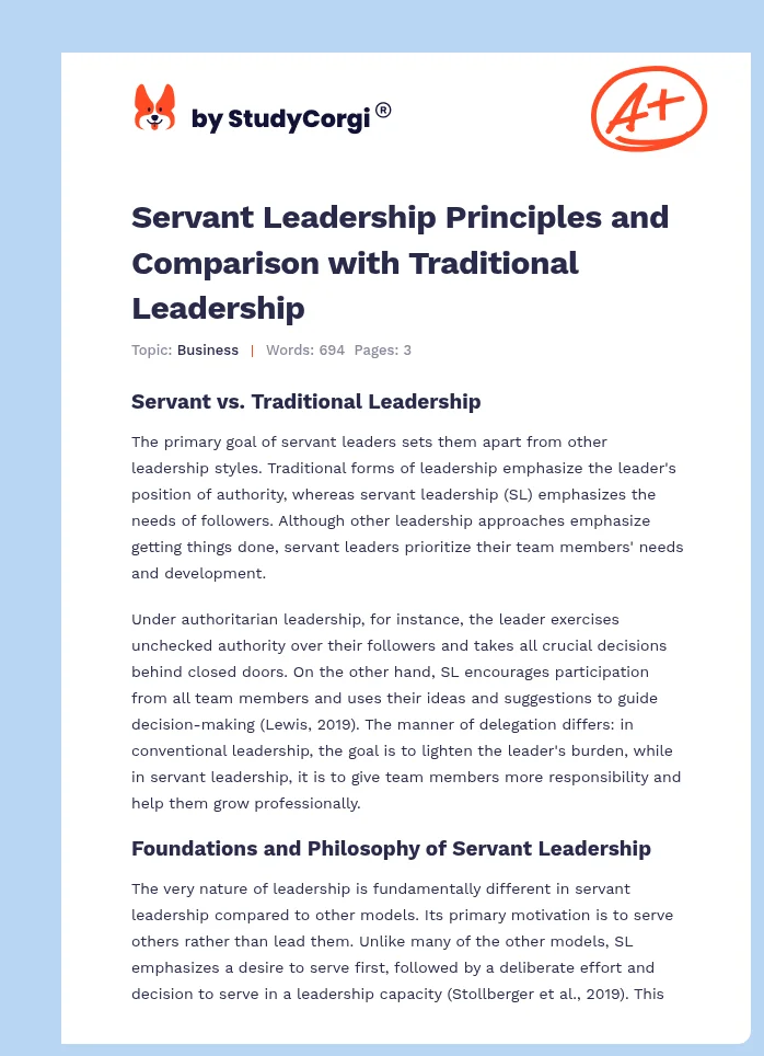 Servant Leadership Principles and Comparison with Traditional Leadership. Page 1