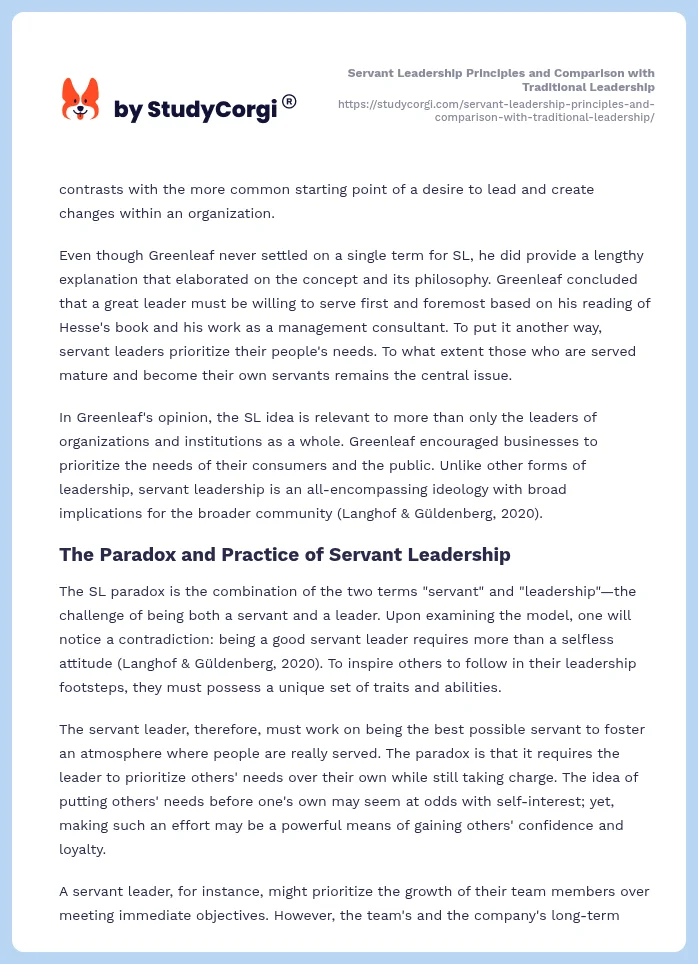 Servant Leadership Principles and Comparison with Traditional Leadership. Page 2