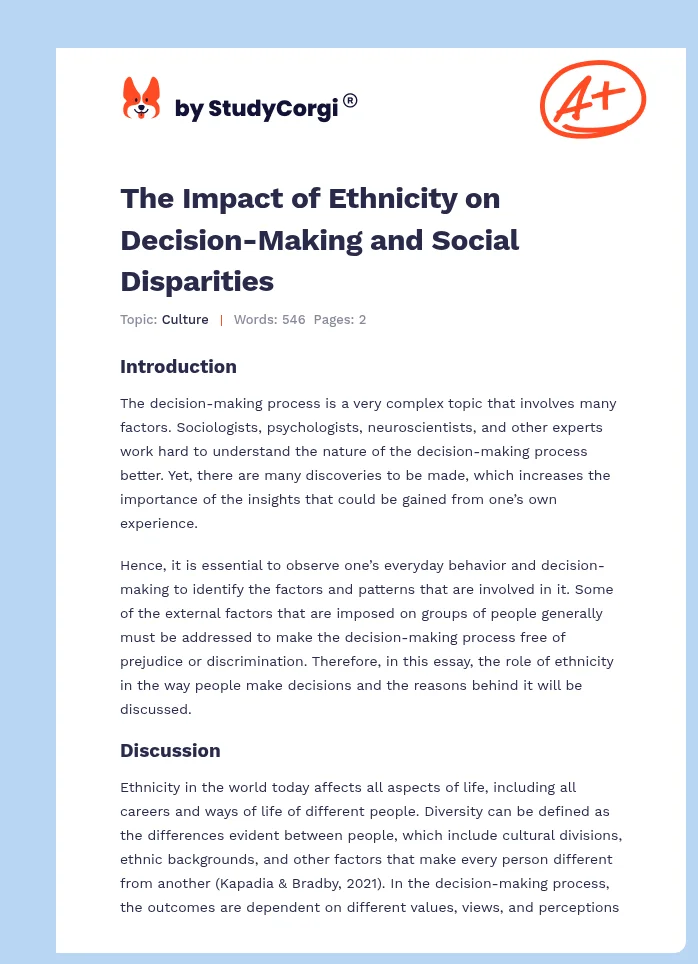 The Impact of Ethnicity on Decision-Making and Social Disparities. Page 1