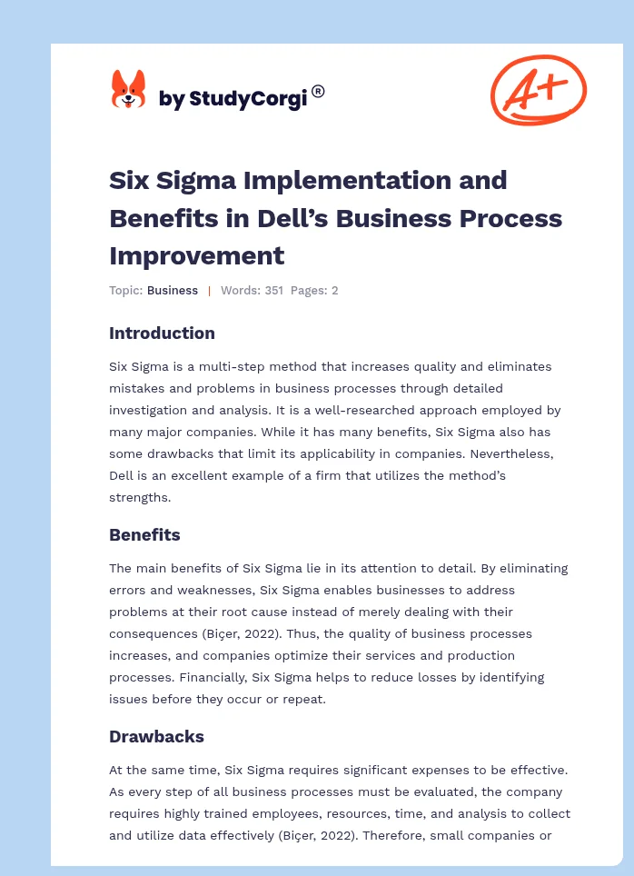 Six Sigma Implementation and Benefits in Dell’s Business Process Improvement. Page 1