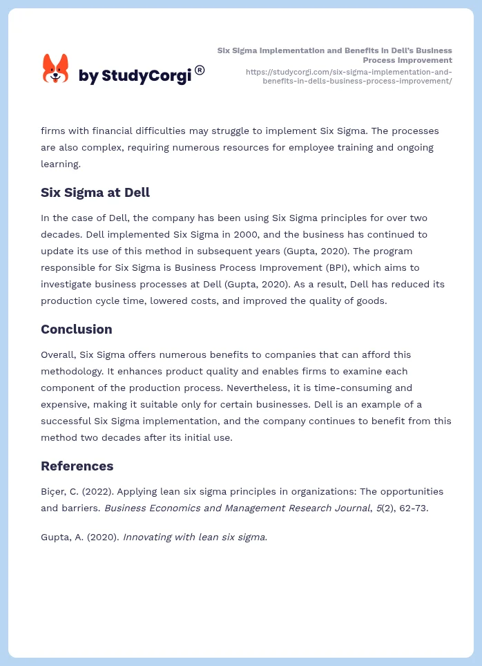 Six Sigma Implementation and Benefits in Dell’s Business Process Improvement. Page 2