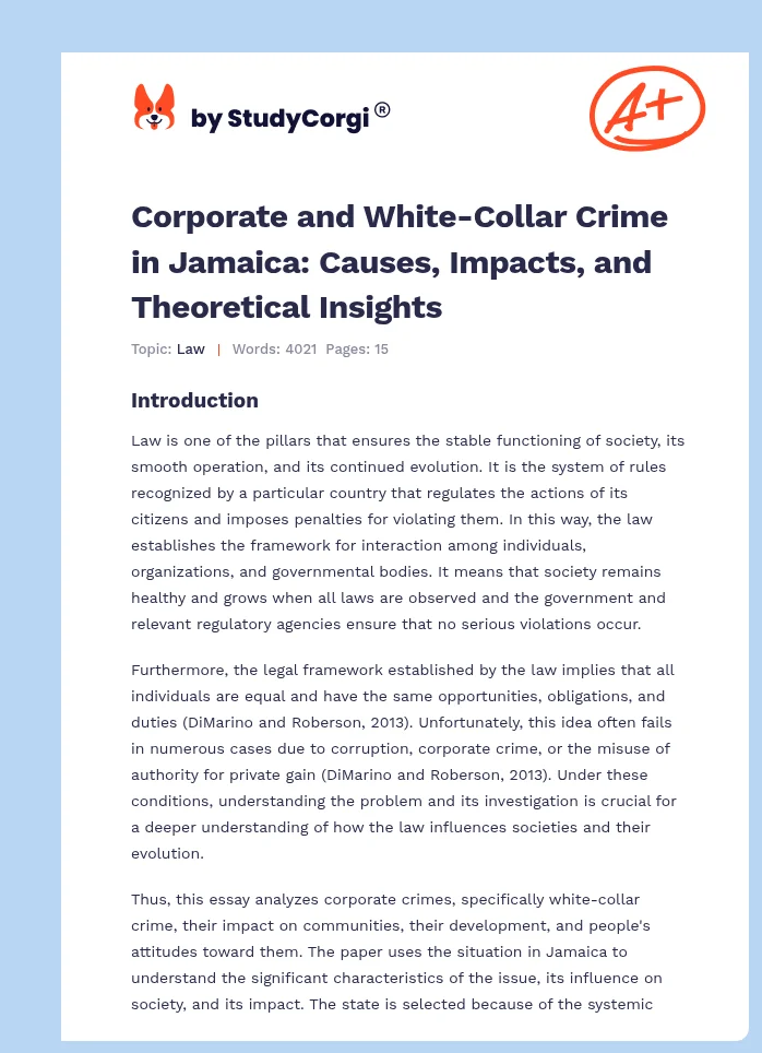 Corporate and White-Collar Crime in Jamaica: Causes, Impacts, and Theoretical Insights. Page 1