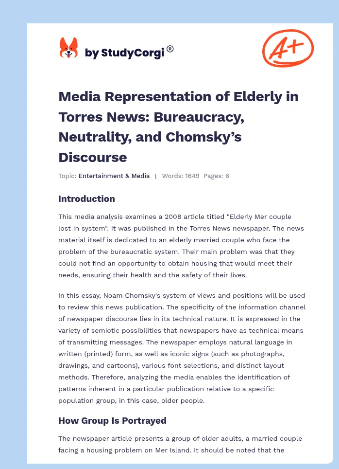 Media Representation of Elderly in Torres News: Bureaucracy, Neutrality, and Chomsky’s Discourse. Page 1