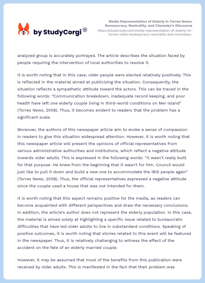 Media Representation of Elderly in Torres News: Bureaucracy, Neutrality, and Chomsky’s Discourse. Page 2