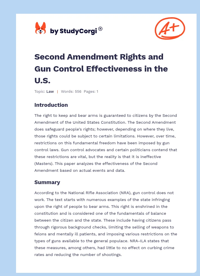 Second Amendment Rights and Gun Control Effectiveness in the U.S.. Page 1