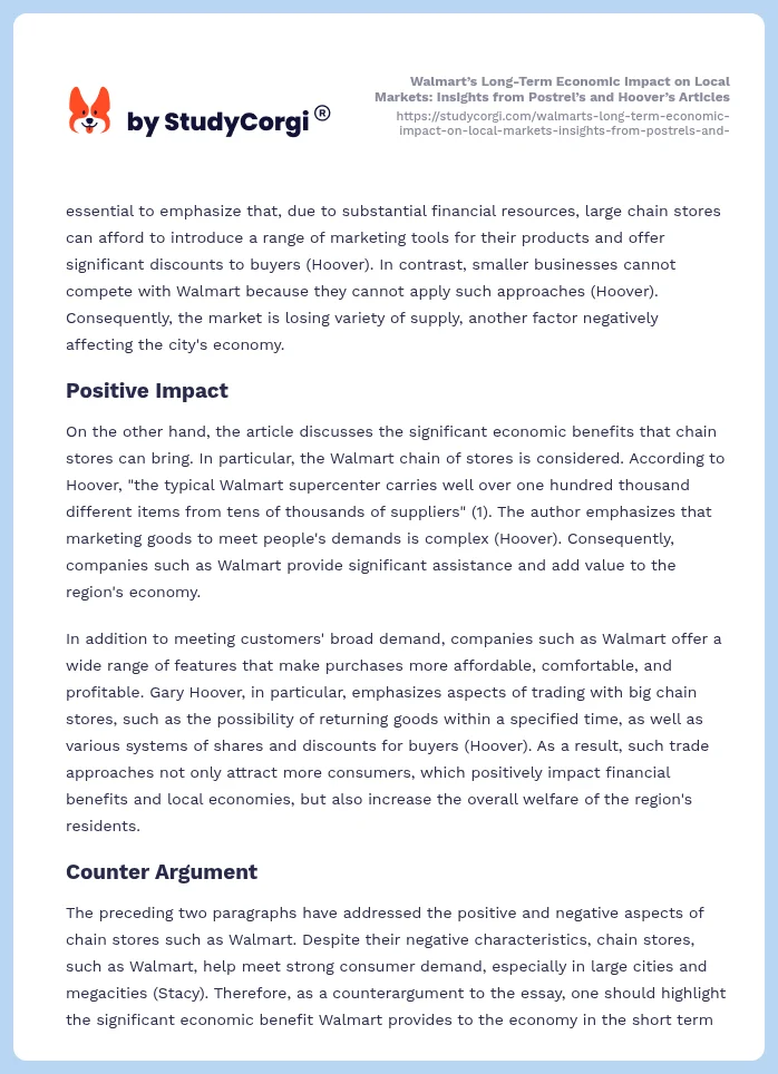 Walmart’s Long-Term Economic Impact on Local Markets: Insights from Postrel’s and Hoover’s Articles. Page 2