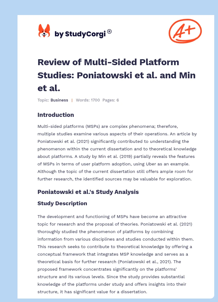 Review of Multi-Sided Platform Studies: Poniatowski et al. and Min et al.. Page 1