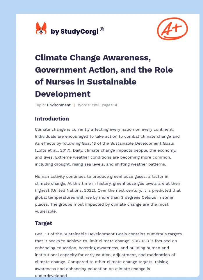 Climate Change Awareness, Government Action, and the Role of Nurses in Sustainable Development. Page 1