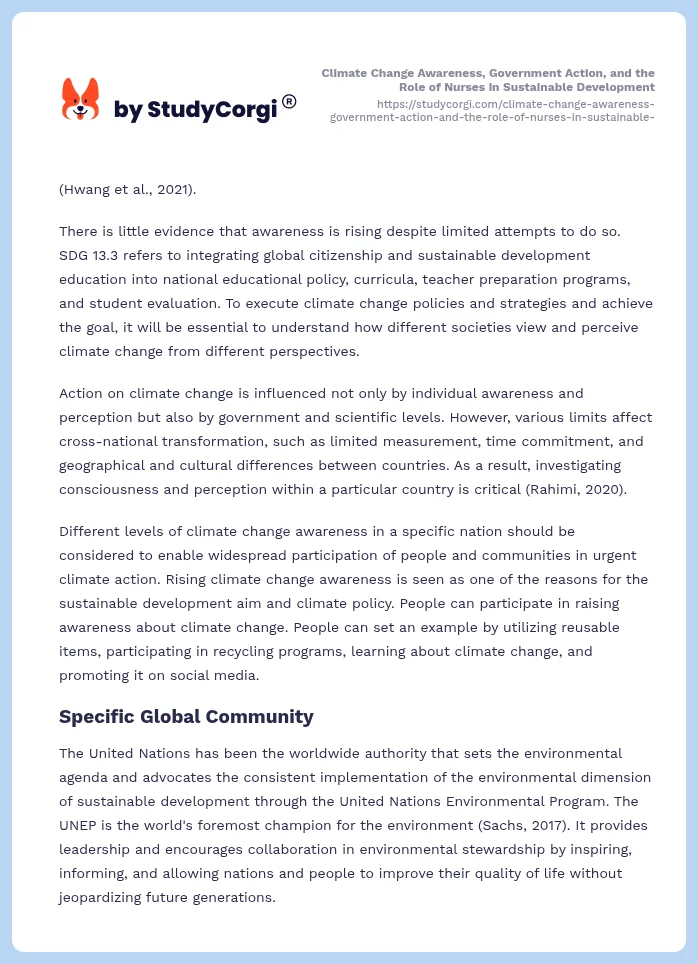 Climate Change Awareness, Government Action, and the Role of Nurses in Sustainable Development. Page 2