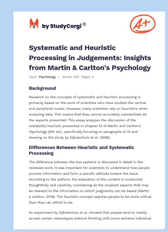 Systematic and Heuristic Processing in Judgements: Insights from Martin & Carlton's Psychology. Page 1