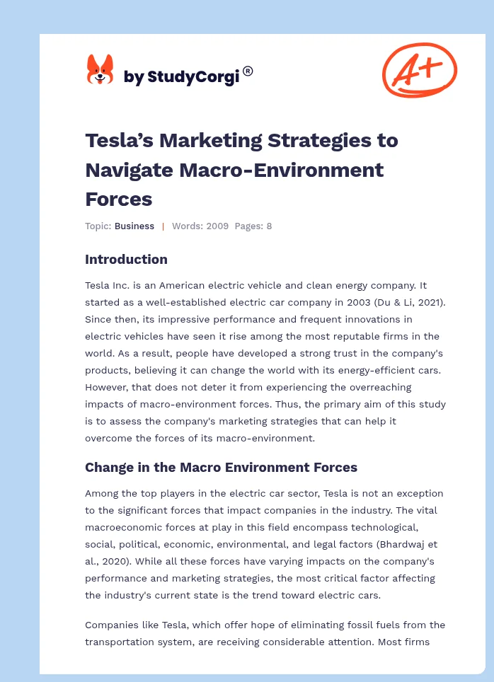 Tesla’s Marketing Strategies to Navigate Macro-Environment Forces. Page 1