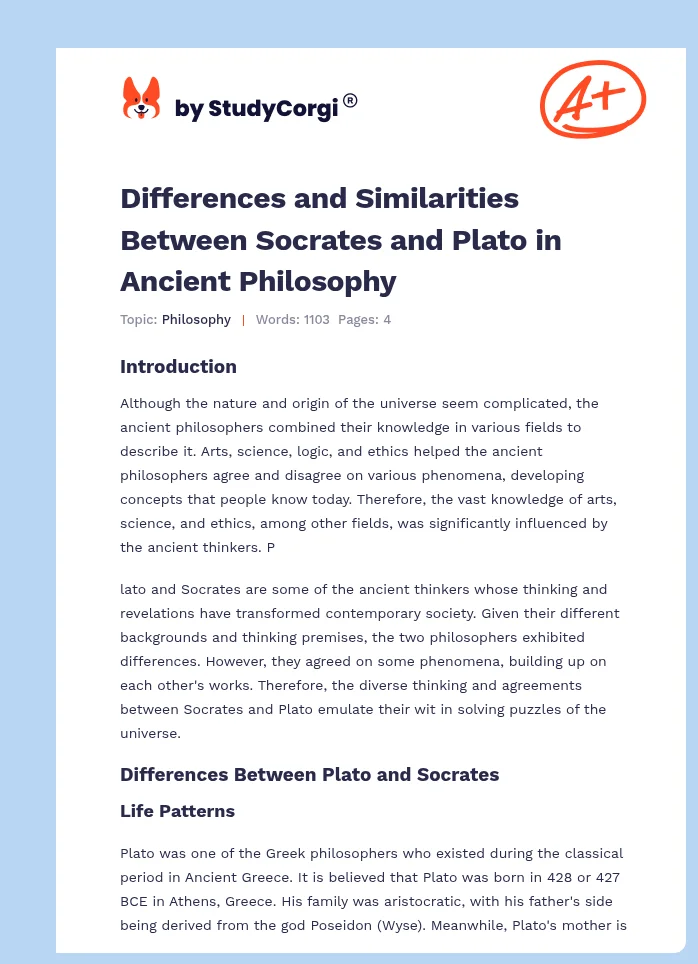 Differences and Similarities Between Socrates and Plato in Ancient Philosophy. Page 1