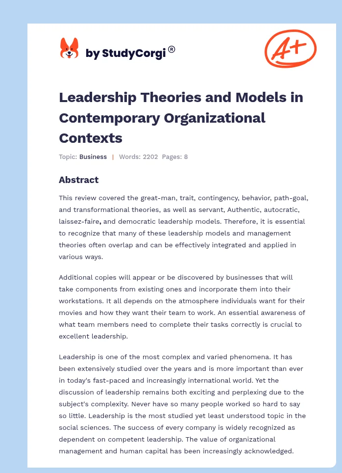 Leadership Theories and Models in Contemporary Organizational Contexts. Page 1