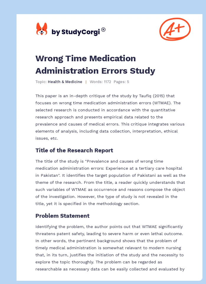 Wrong Time Medication Administration Errors Study. Page 1