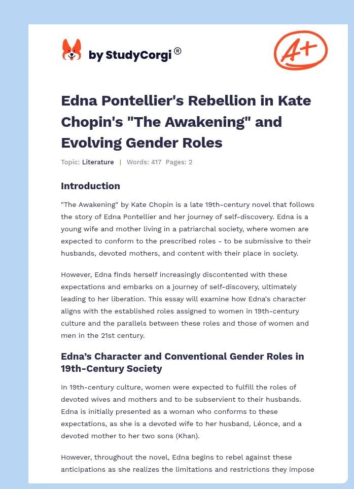 Edna Pontellier's Rebellion in Kate Chopin's "The Awakening" and Evolving Gender Roles. Page 1