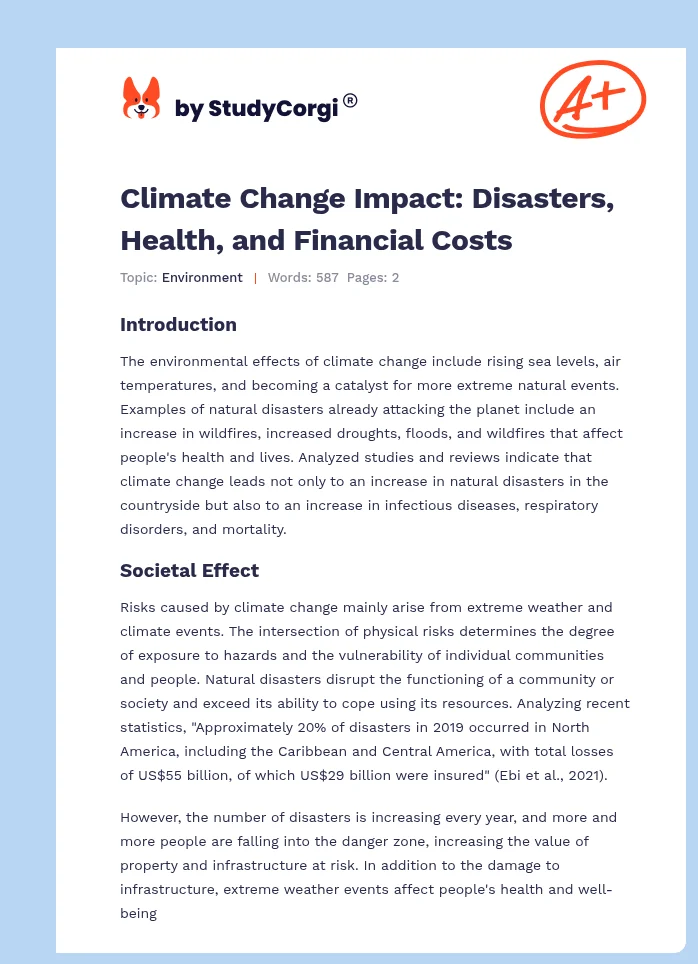 Climate Change Impact: Disasters, Health, and Financial Costs. Page 1