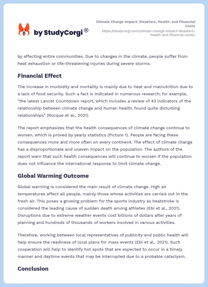 Climate Change Impact: Disasters, Health, and Financial Costs. Page 2