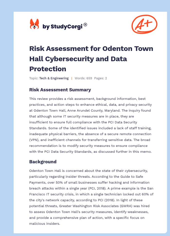 Risk Assessment for Odenton Town Hall Cybersecurity and Data Protection. Page 1