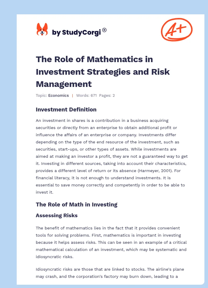 The Role of Mathematics in Investment Strategies and Risk Management. Page 1