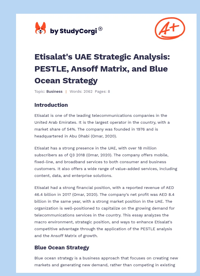 Etisalat's UAE Strategic Analysis: PESTLE, Ansoff Matrix, and Blue Ocean Strategy. Page 1