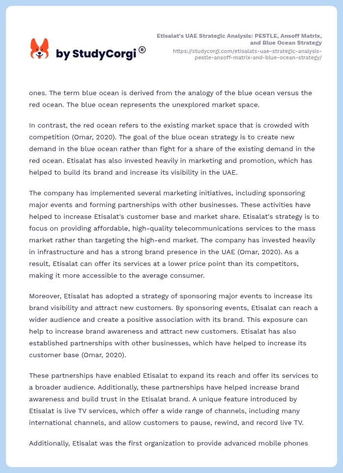Etisalat's UAE Strategic Analysis: PESTLE, Ansoff Matrix, and Blue Ocean Strategy. Page 2